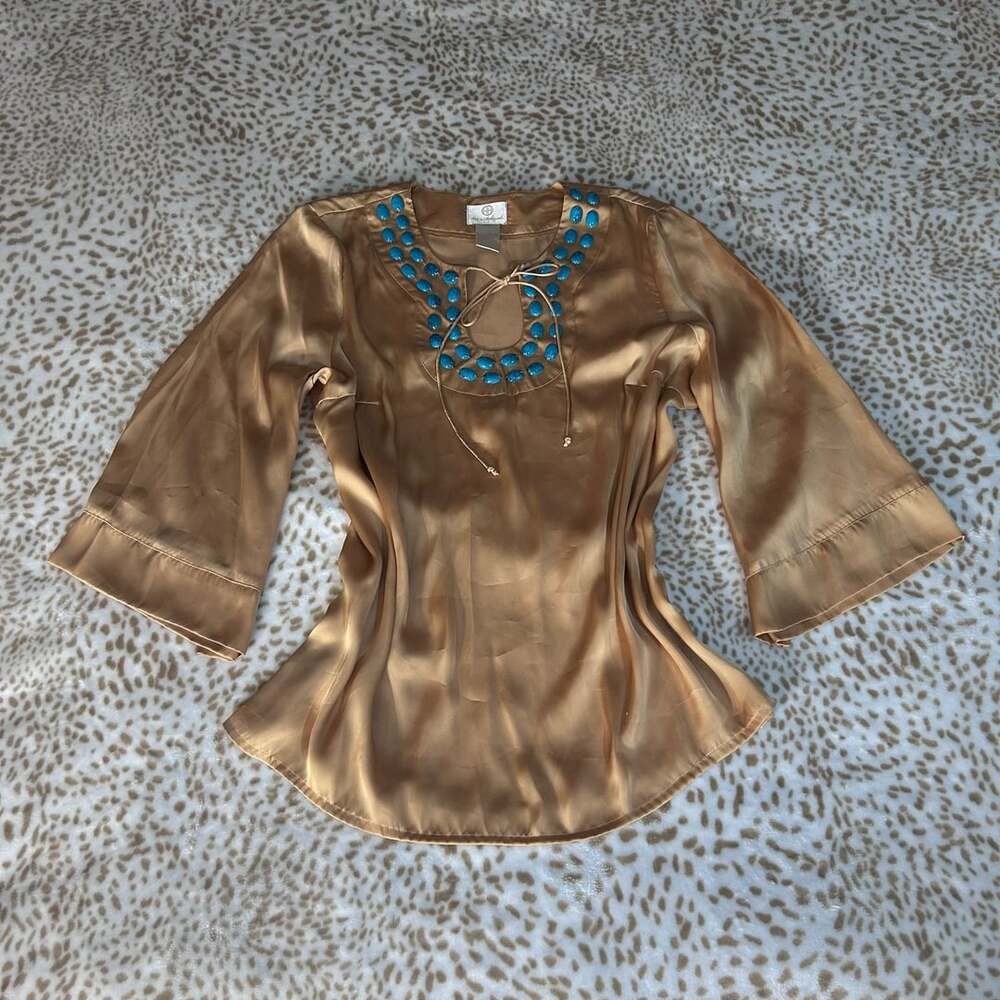 Vintage Hot In Hollywood Blouse Size M Gold Embellished Turquoise